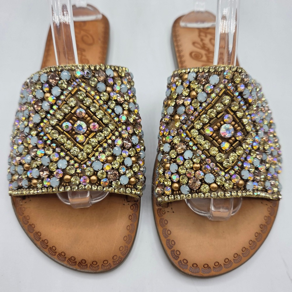 Naughty Monkey Beaded Rhinestone Leather Slide Sandals Boho Glam Indie Size 9